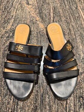 Tory Burch Black Multi-Strap Leather Slide Mules with Gold Logo